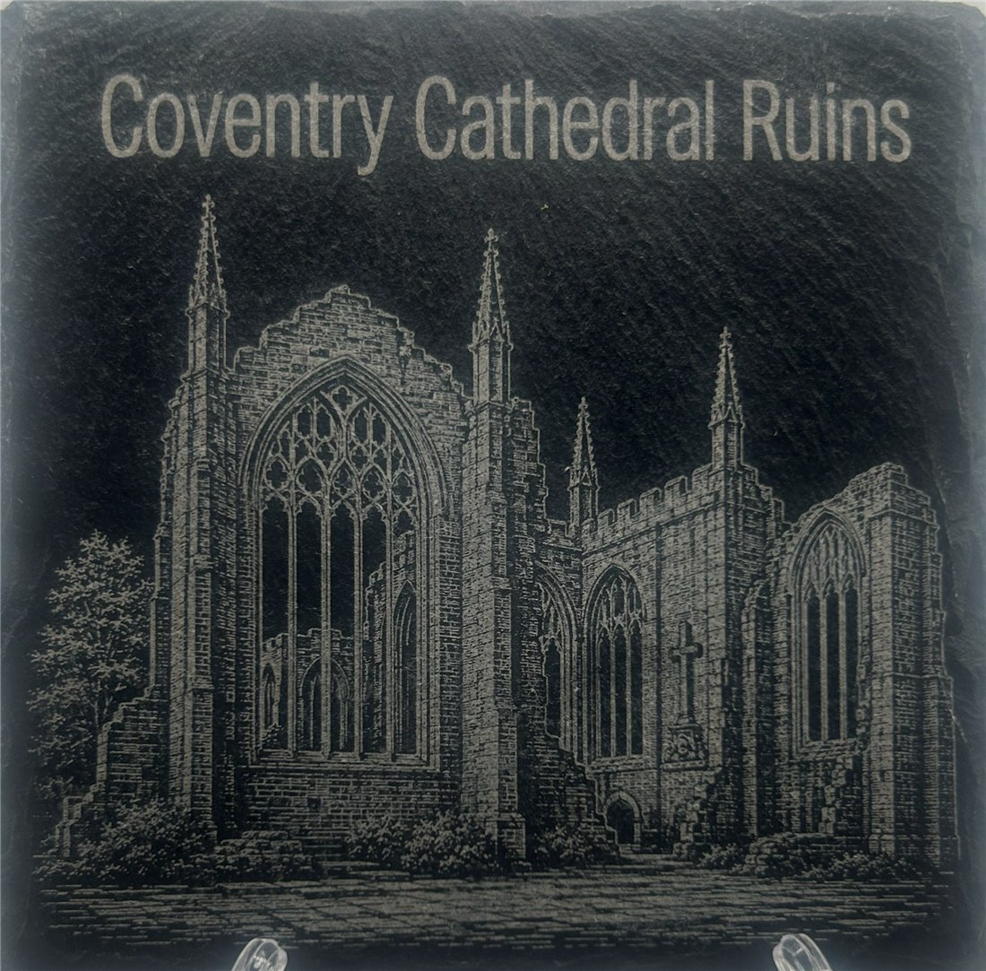 Coventry Cathedral ruins engraving on slate