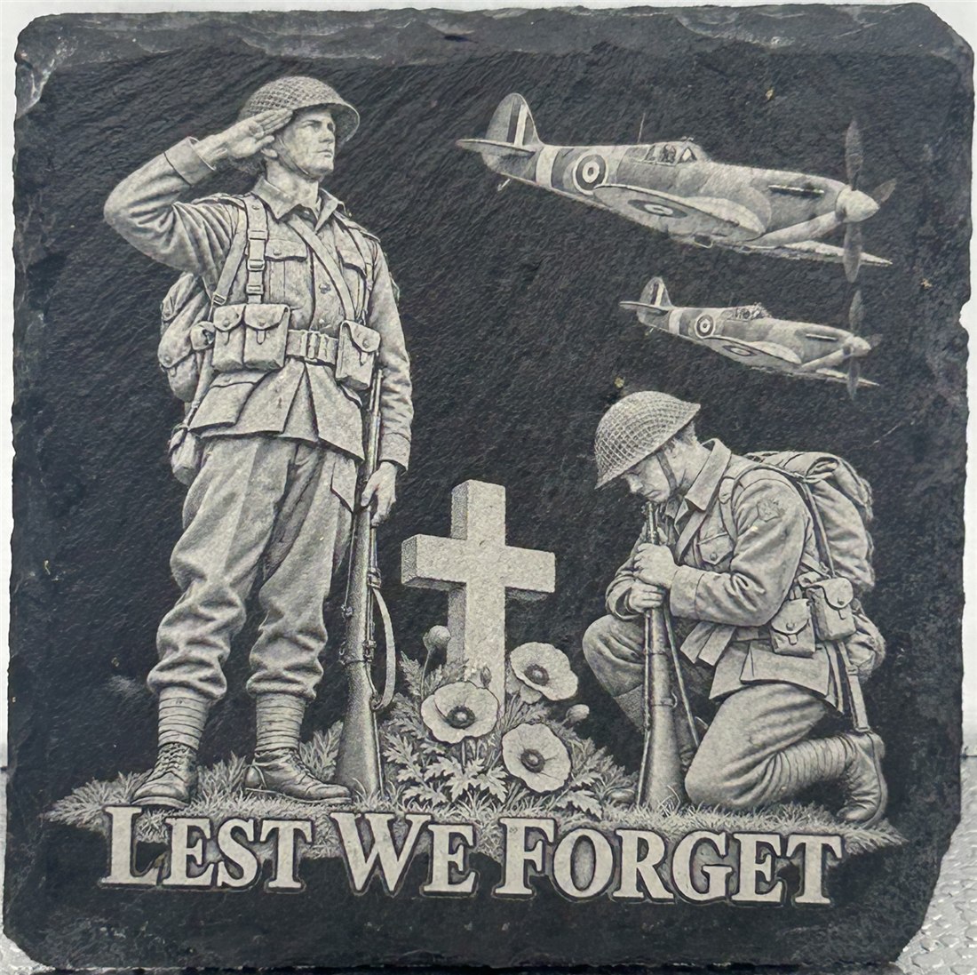 Remembrance design with two soldiers, a cross, poppies and aircraft