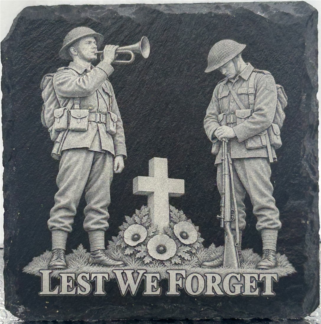 Remembrance design with a bugler and soldier beside a cross and poppies