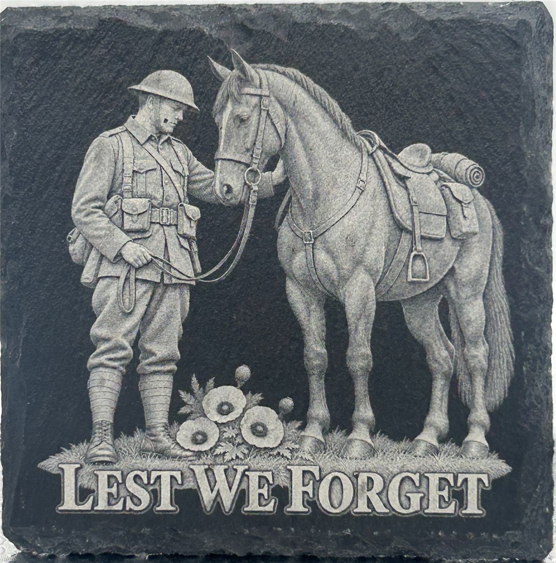 Remembrance design featuring a soldier beside a horse and poppies