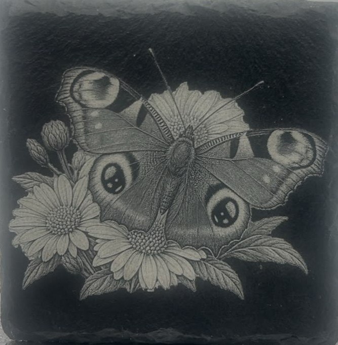 Butterfly above flowers engraved on slate